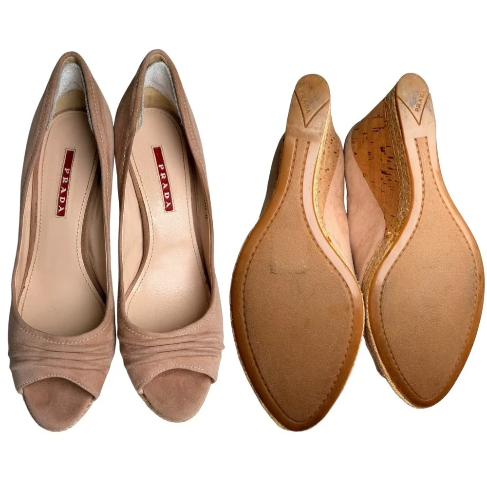 Authentic Prada 3KZ033 Nude Suede Cork Espadrille Wedge‎ Heels EU 38 US 7.5 8